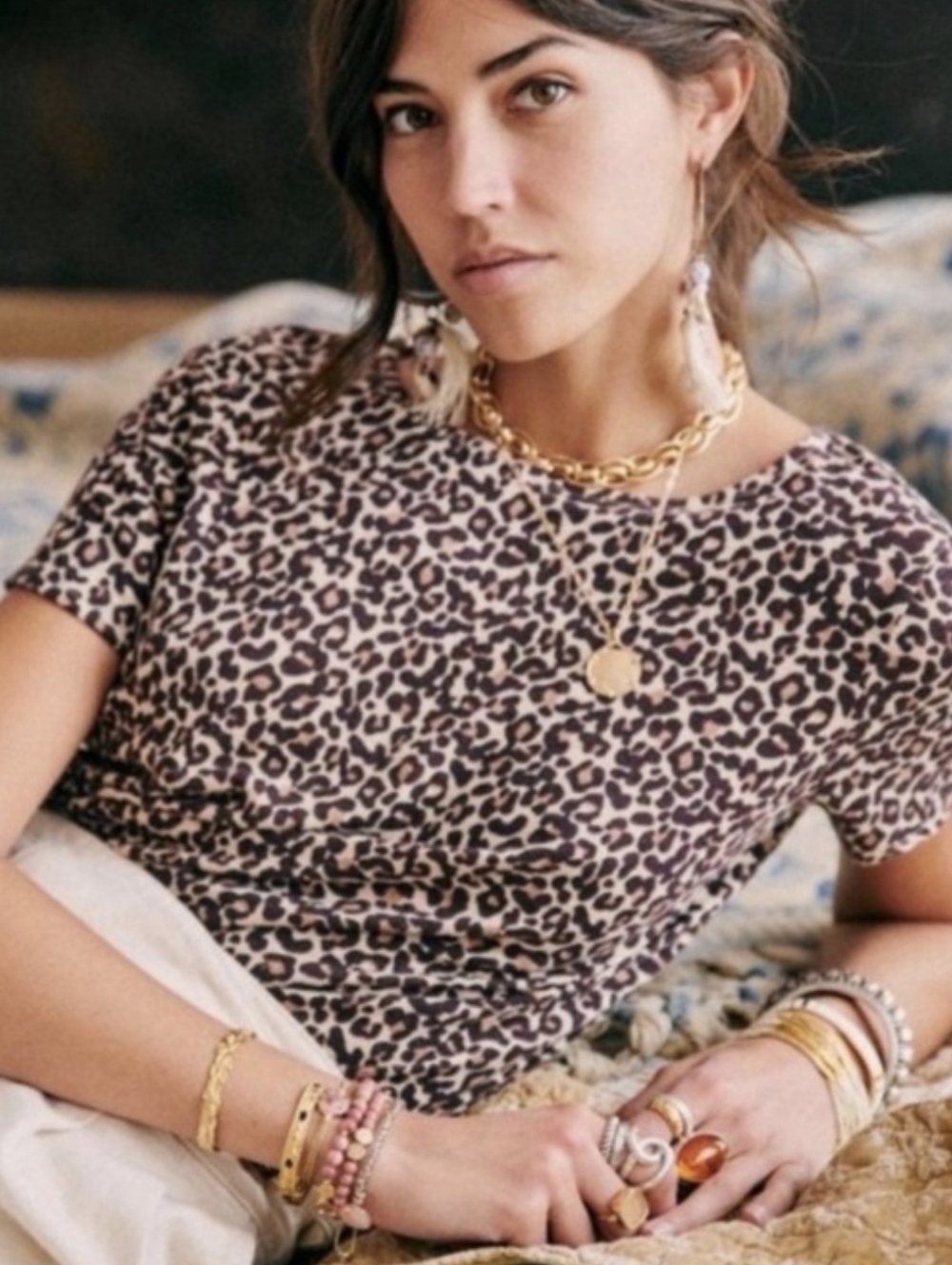 Sezane Andre Leopard Print 100% Linen T Shirt XS NWOT